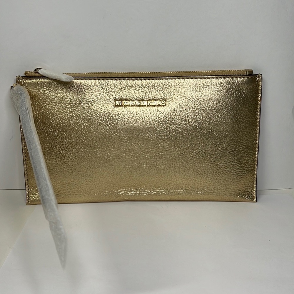 Michael Kors Bedford zip clutch wallet Gold Peddled Leather NEW!!!